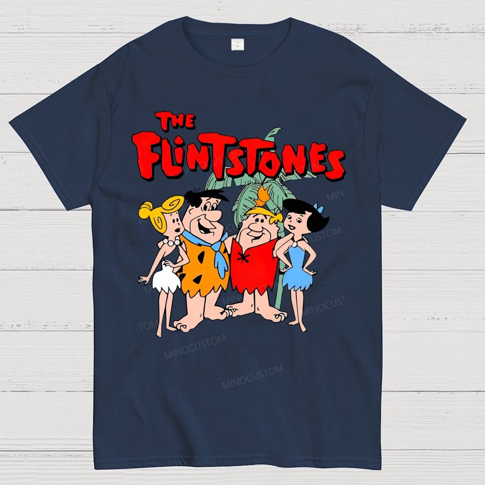 Vintage Prehistoric Caveman Family Cartoon Graphic Cotton T-Shirt