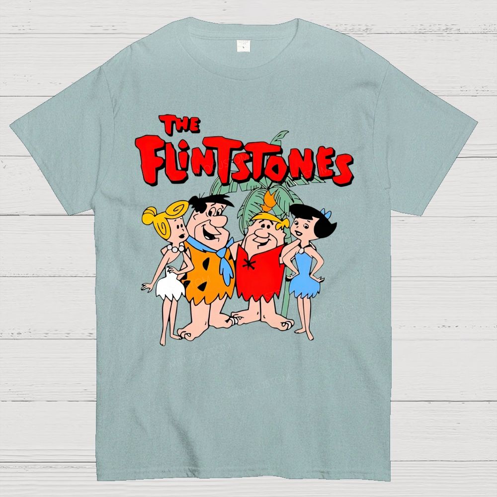 Vintage Prehistoric Caveman Family Cartoon Graphic Cotton T-Shirt