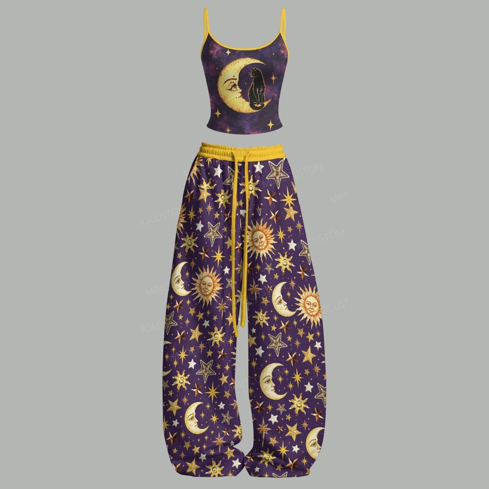 Vintage Celestial Moon Cat Top & Elasticated Trousers Two-Piece Set