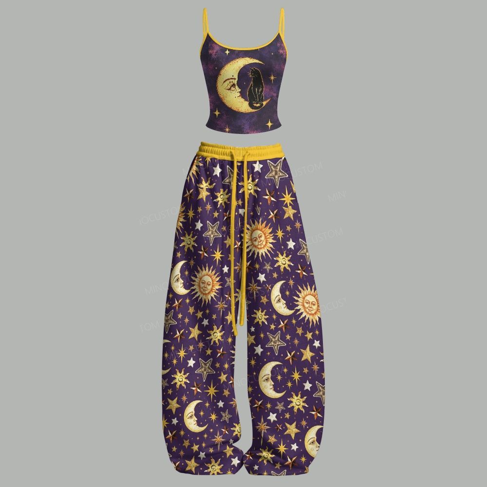 Vintage Celestial Moon Cat Top & Elasticated Trousers Two-Piece Set
