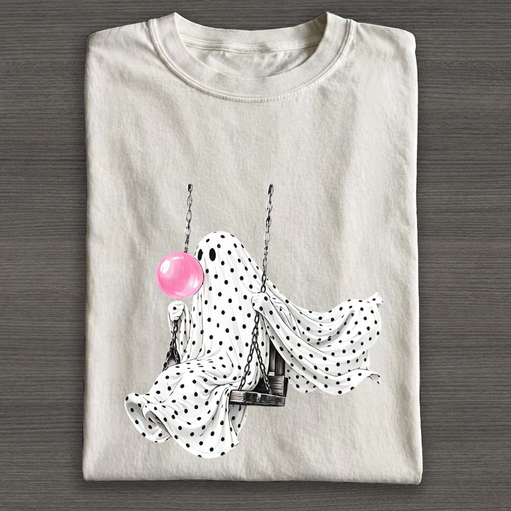 Cute Polka Dot Ghost Swing Blowing Bubblegum Cotton T-shirt