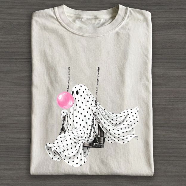Cute Polka Dot Ghost Swing Blowing Bubblegum Cotton T-shirt