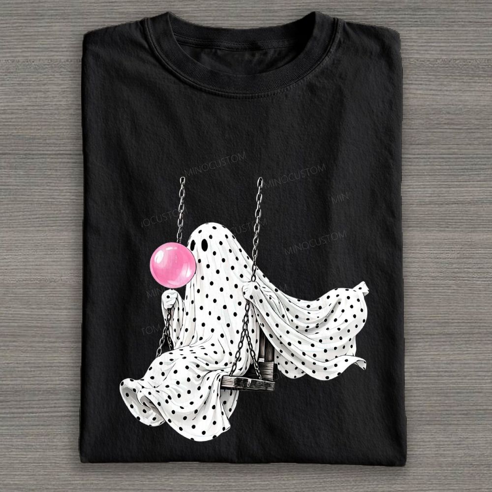 Cute Polka Dot Ghost Swing Blowing Bubblegum Cotton T-shirt