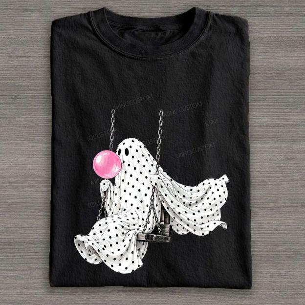 Cute Polka Dot Ghost Swing Blowing Bubblegum Cotton T-shirt