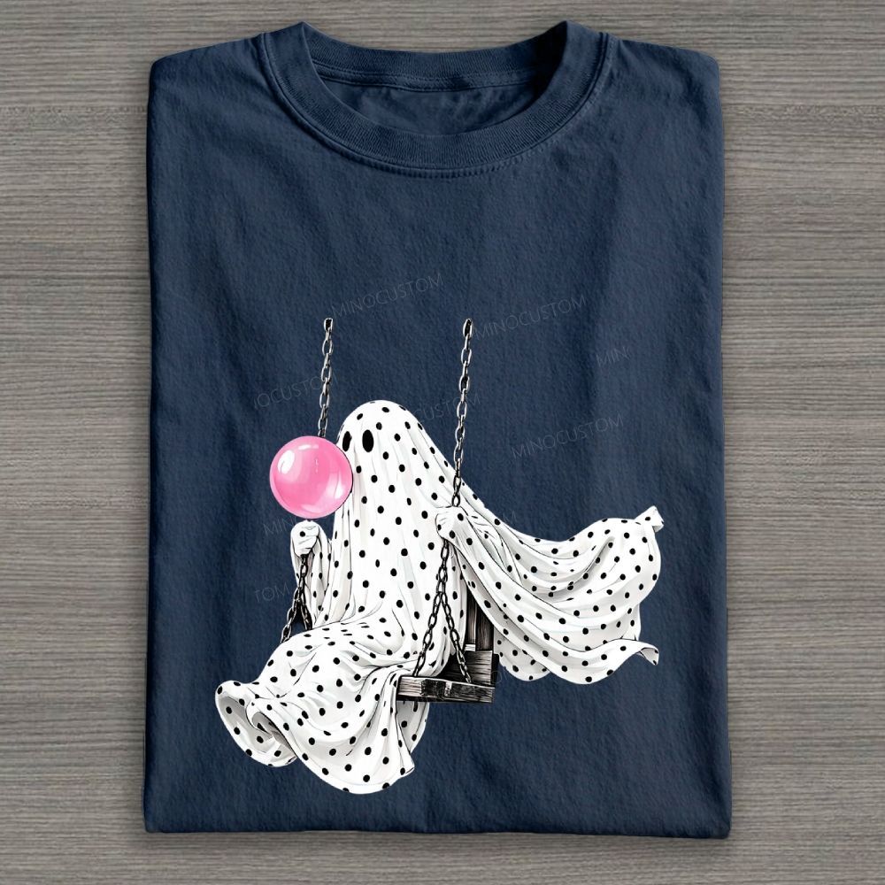 Cute Polka Dot Ghost Swing Blowing Bubblegum Cotton T-shirt
