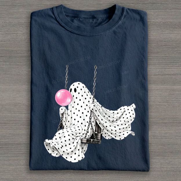 Cute Polka Dot Ghost Swing Blowing Bubblegum Cotton T-shirt