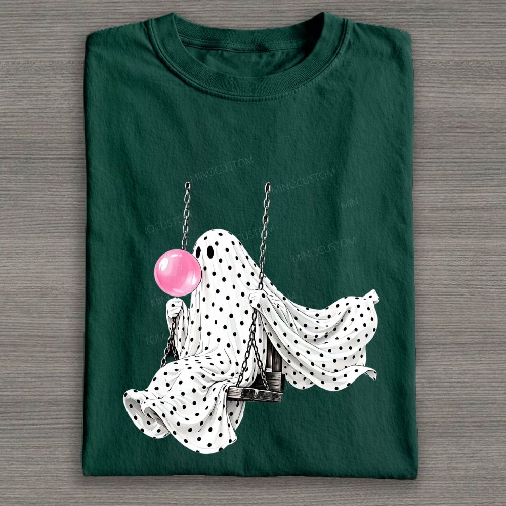 Cute Polka Dot Ghost Swing Blowing Bubblegum Cotton T-shirt