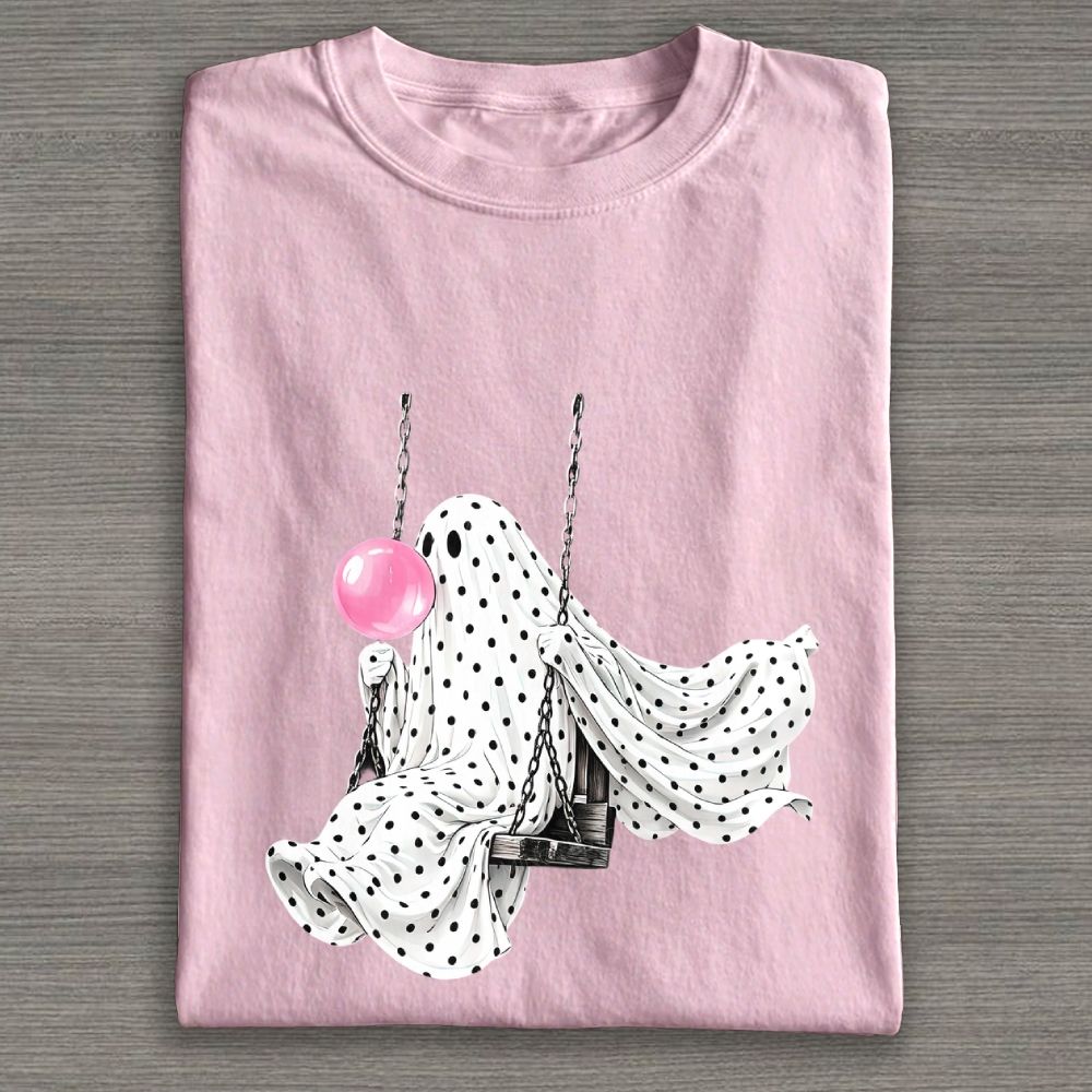 Cute Polka Dot Ghost Swing Blowing Bubblegum Cotton T-shirt