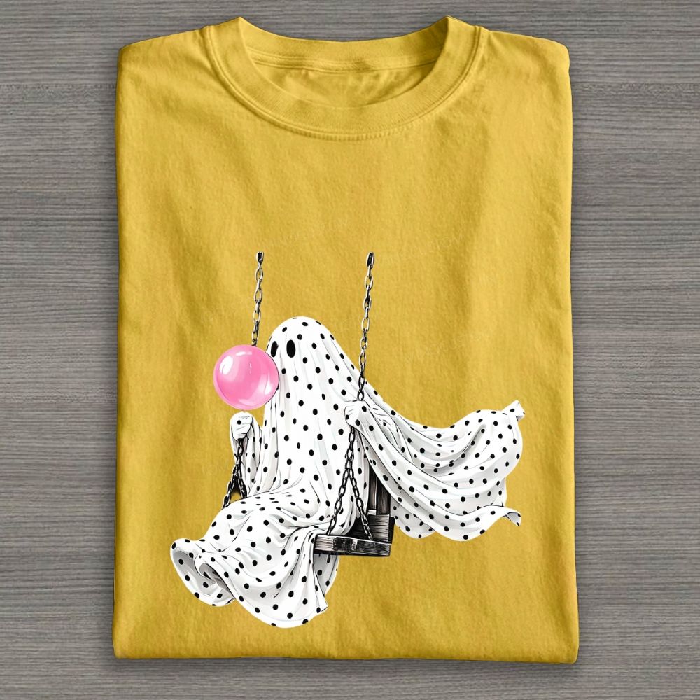 Cute Polka Dot Ghost Swing Blowing Bubblegum Cotton T-shirt