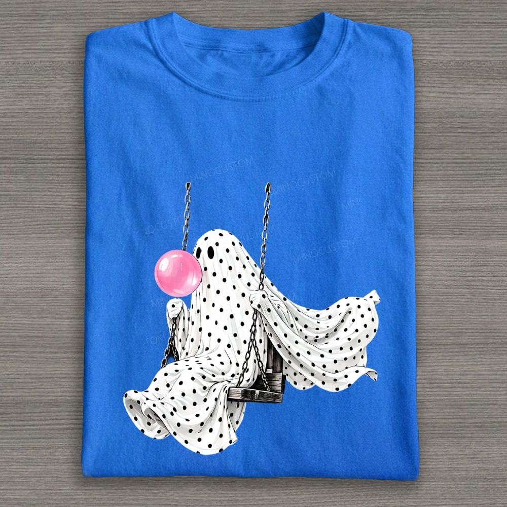 Cute Polka Dot Ghost Swing Blowing Bubblegum Cotton T-shirt