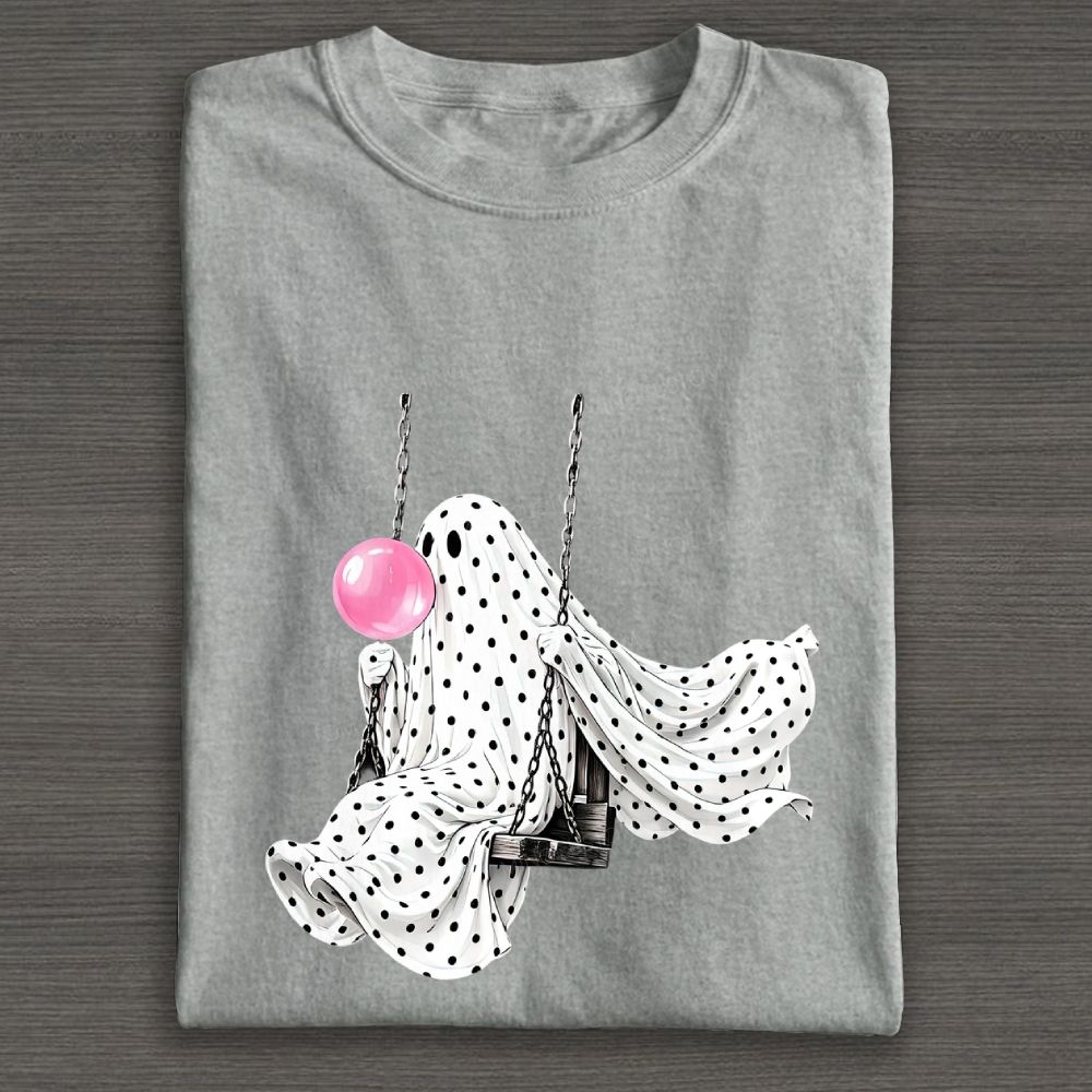 Cute Polka Dot Ghost Swing Blowing Bubblegum Cotton T-shirt