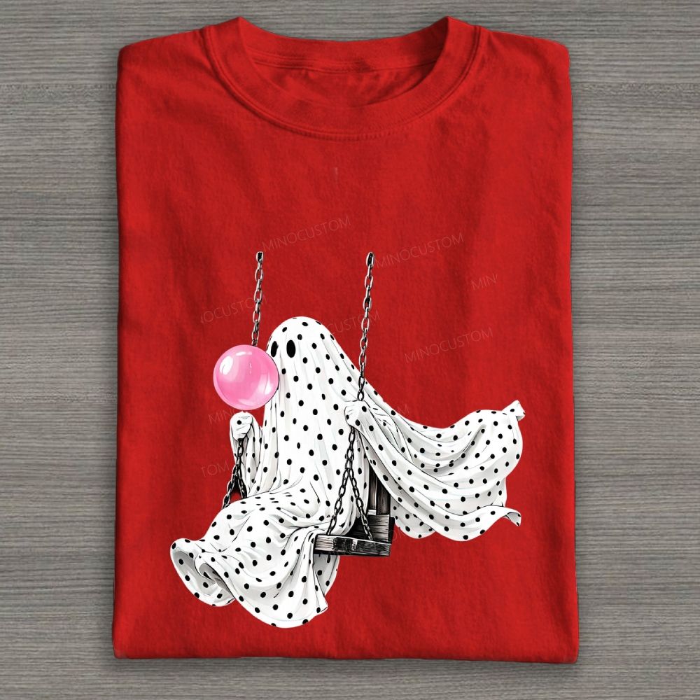 Cute Polka Dot Ghost Swing Blowing Bubblegum Cotton T-shirt