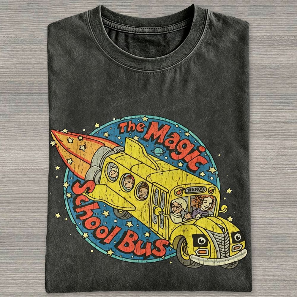 Vintage Retro Space Rocket School Vehicle Graphic Washed T-shirt