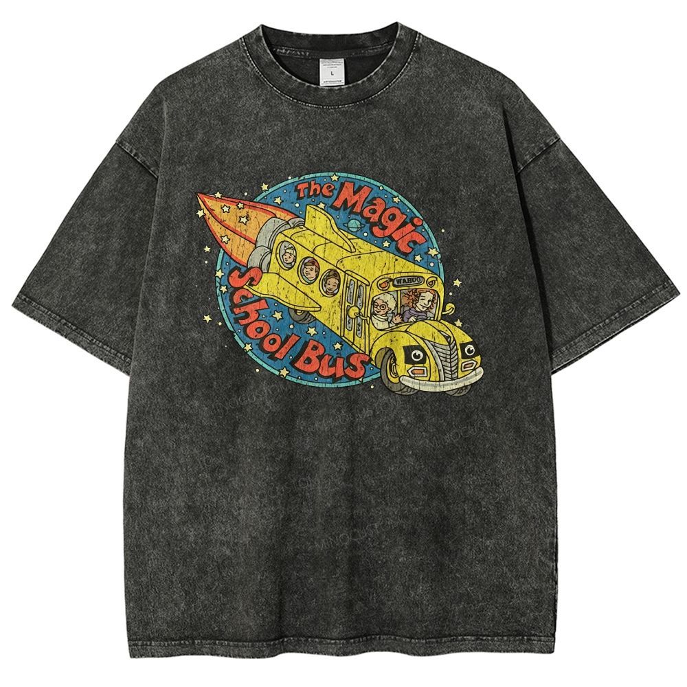 Vintage Retro Space Rocket School Vehicle Graphic Washed T-shirt
