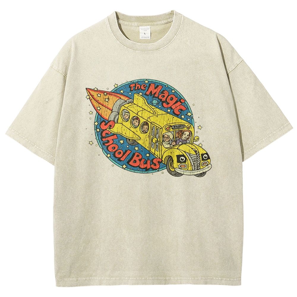 Vintage Retro Space Rocket School Vehicle Graphic Washed T-shirt