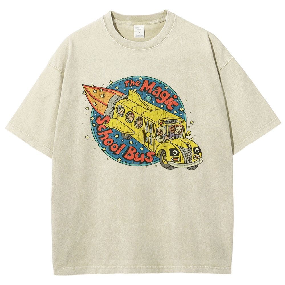 Vintage Retro Space Rocket School Vehicle Graphic Washed T-shirt