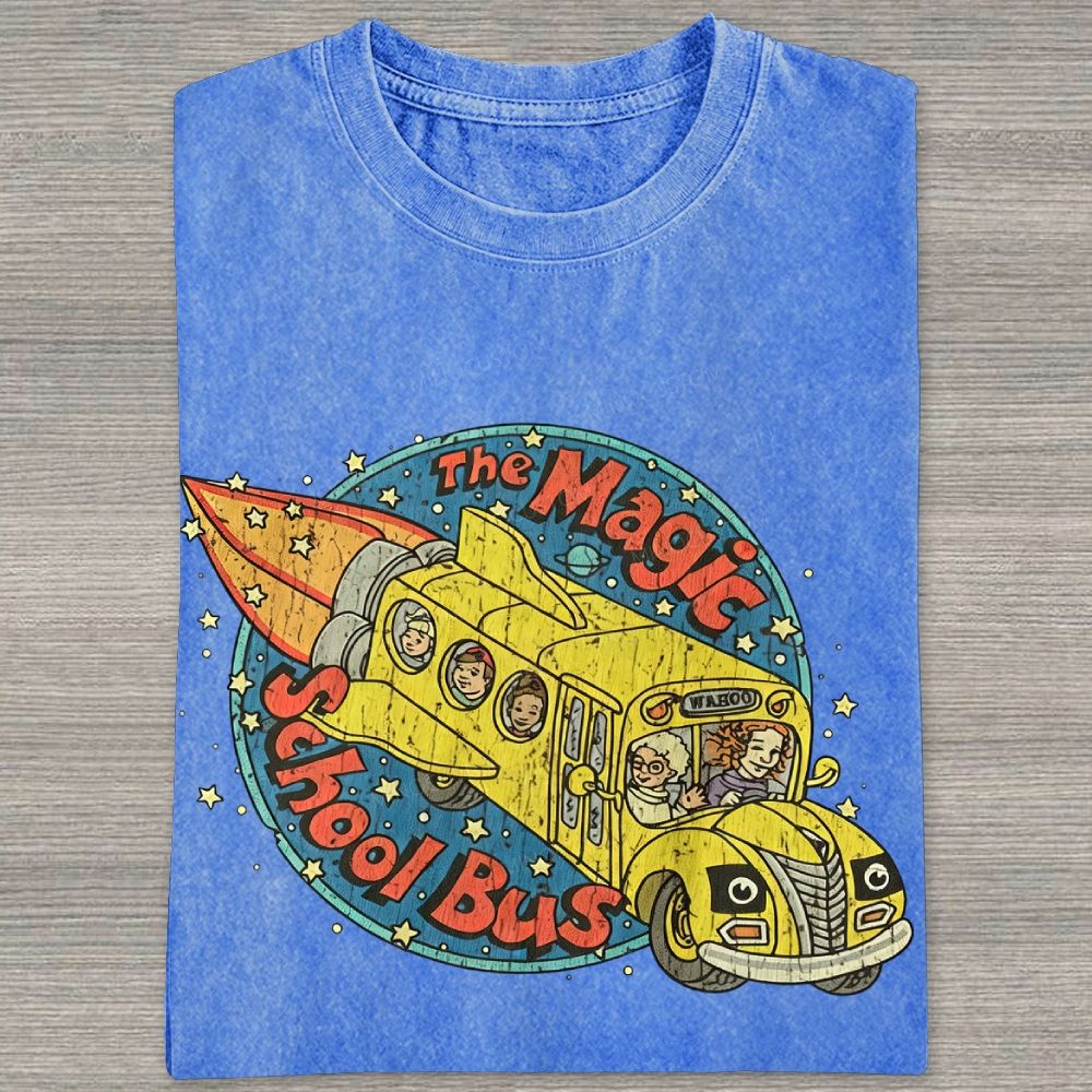 Vintage Retro Space Rocket School Vehicle Graphic Washed T-shirt