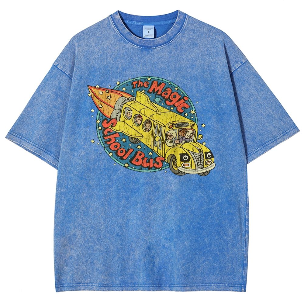 Vintage Retro Space Rocket School Vehicle Graphic Washed T-shirt