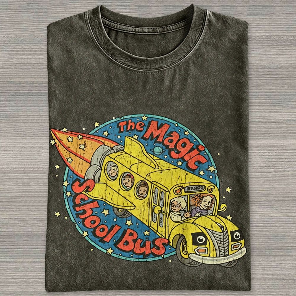 Vintage Retro Space Rocket School Vehicle Graphic Washed T-shirt