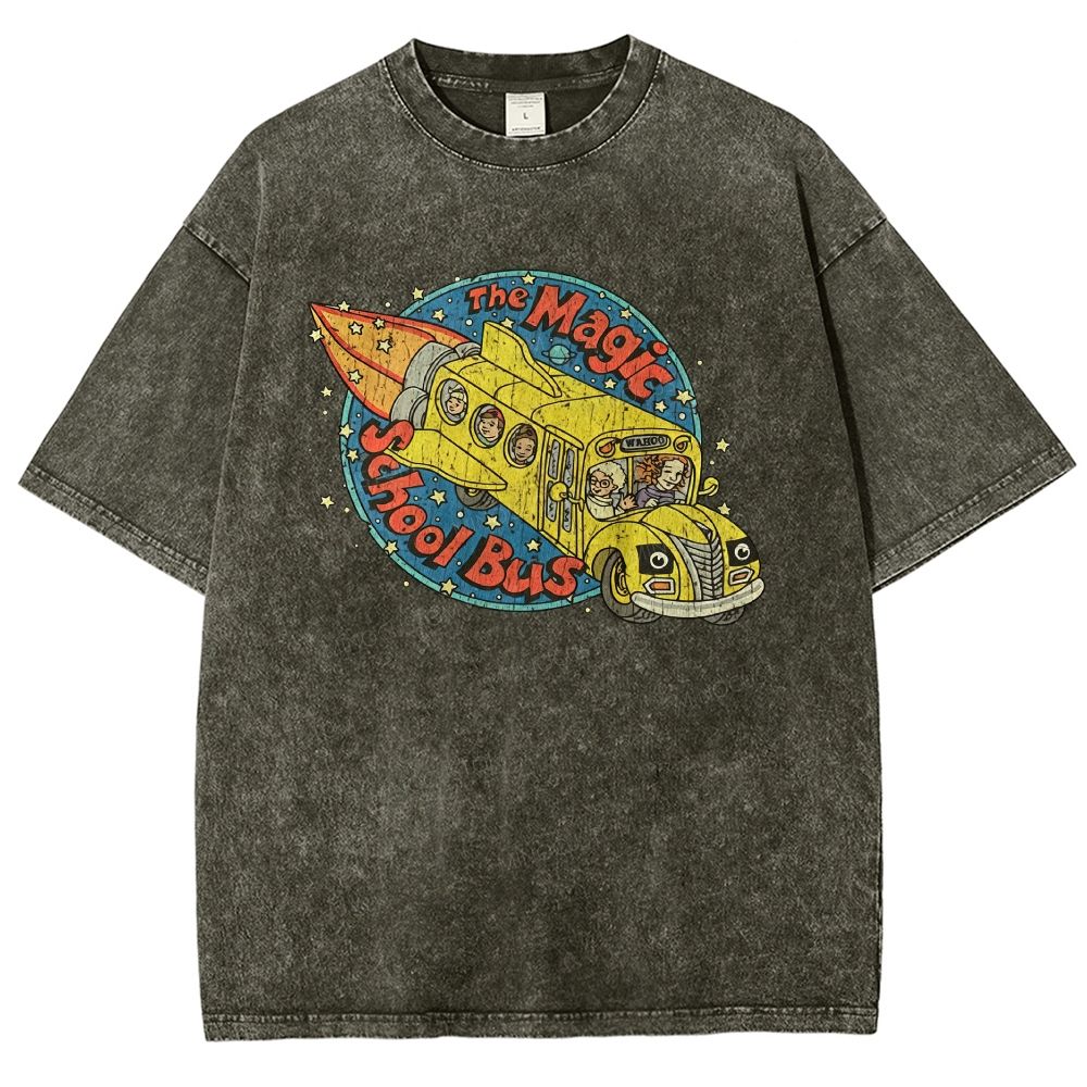 Vintage Retro Space Rocket School Vehicle Graphic Washed T-shirt