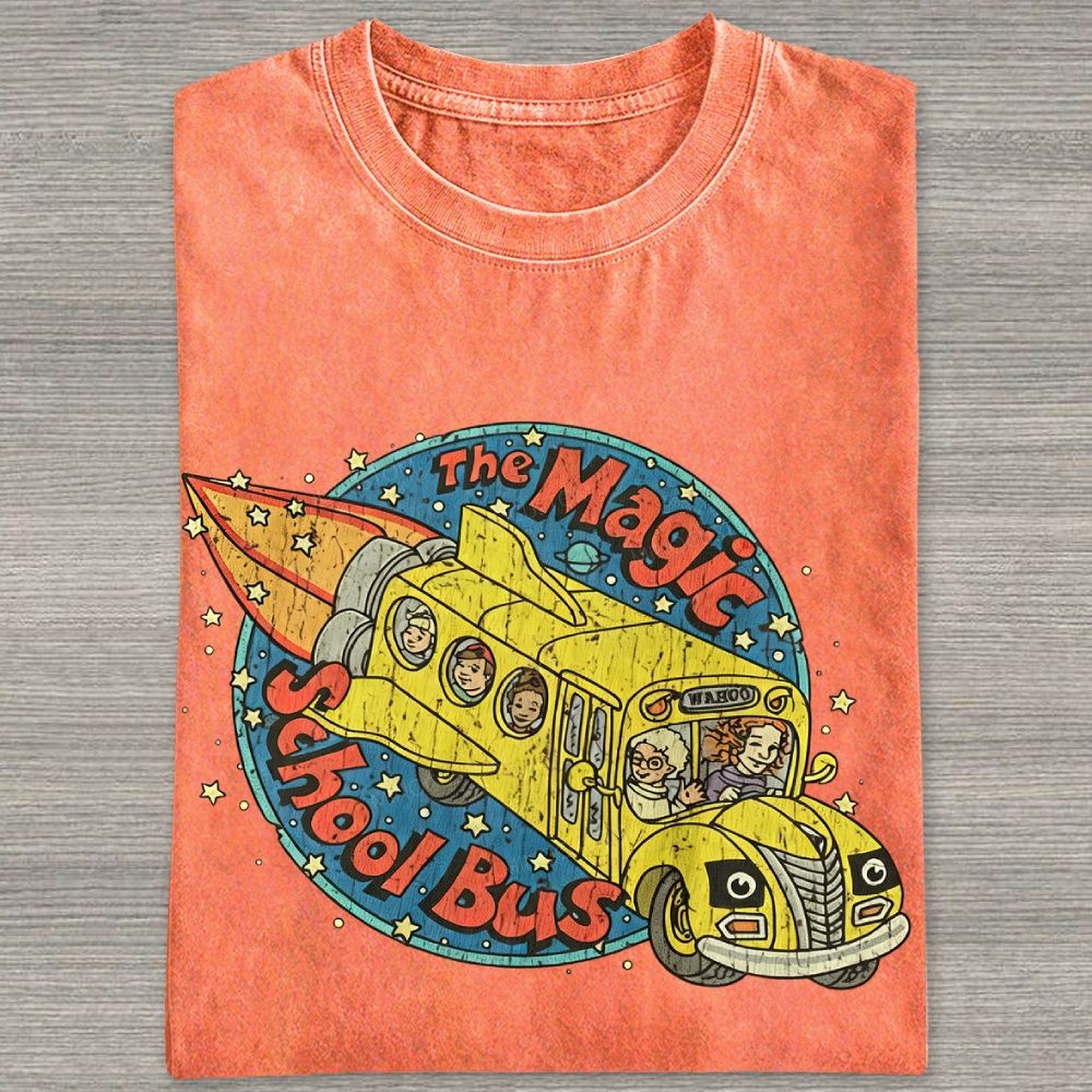 Vintage Retro Space Rocket School Vehicle Graphic Washed T-shirt