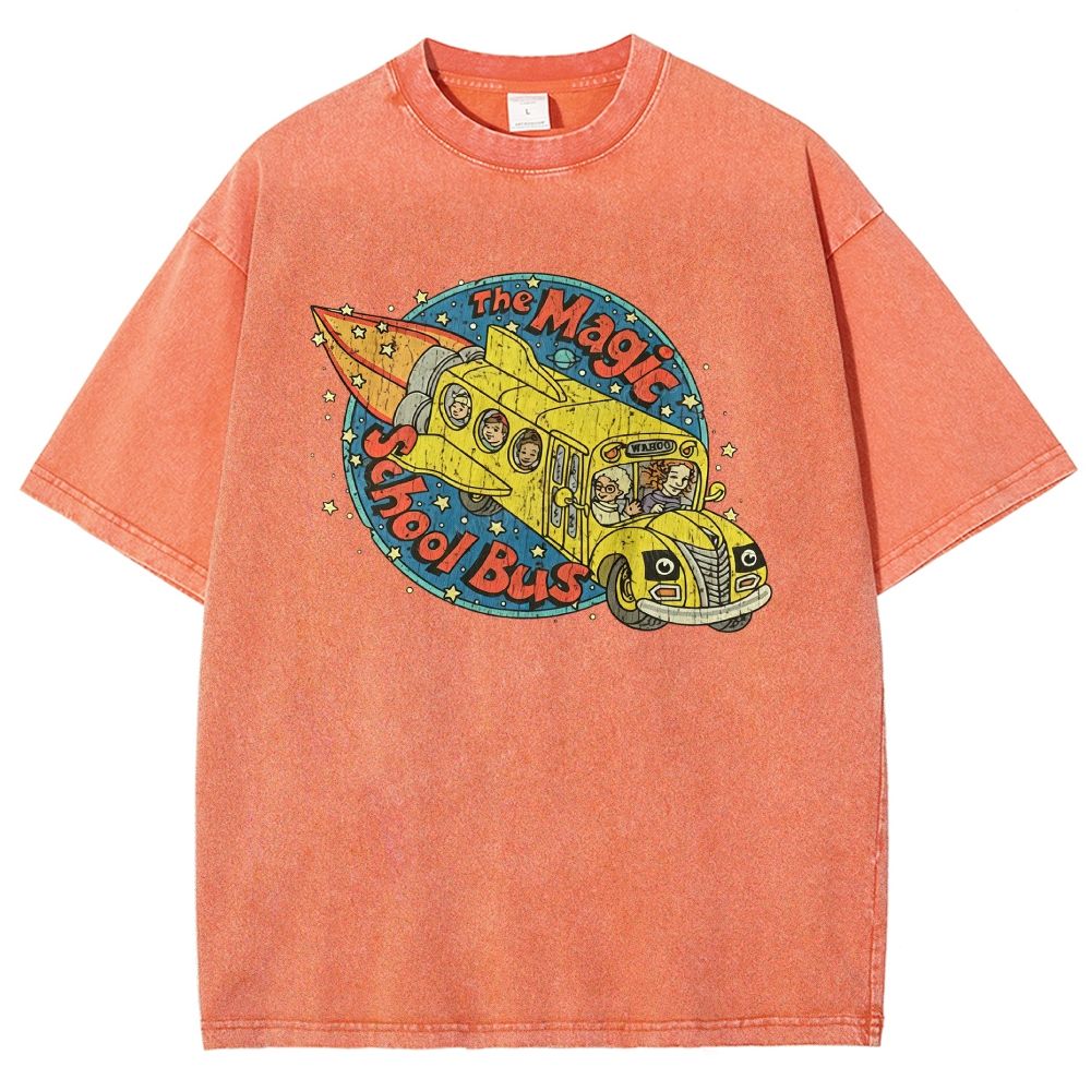 Vintage Retro Space Rocket School Vehicle Graphic Washed T-shirt