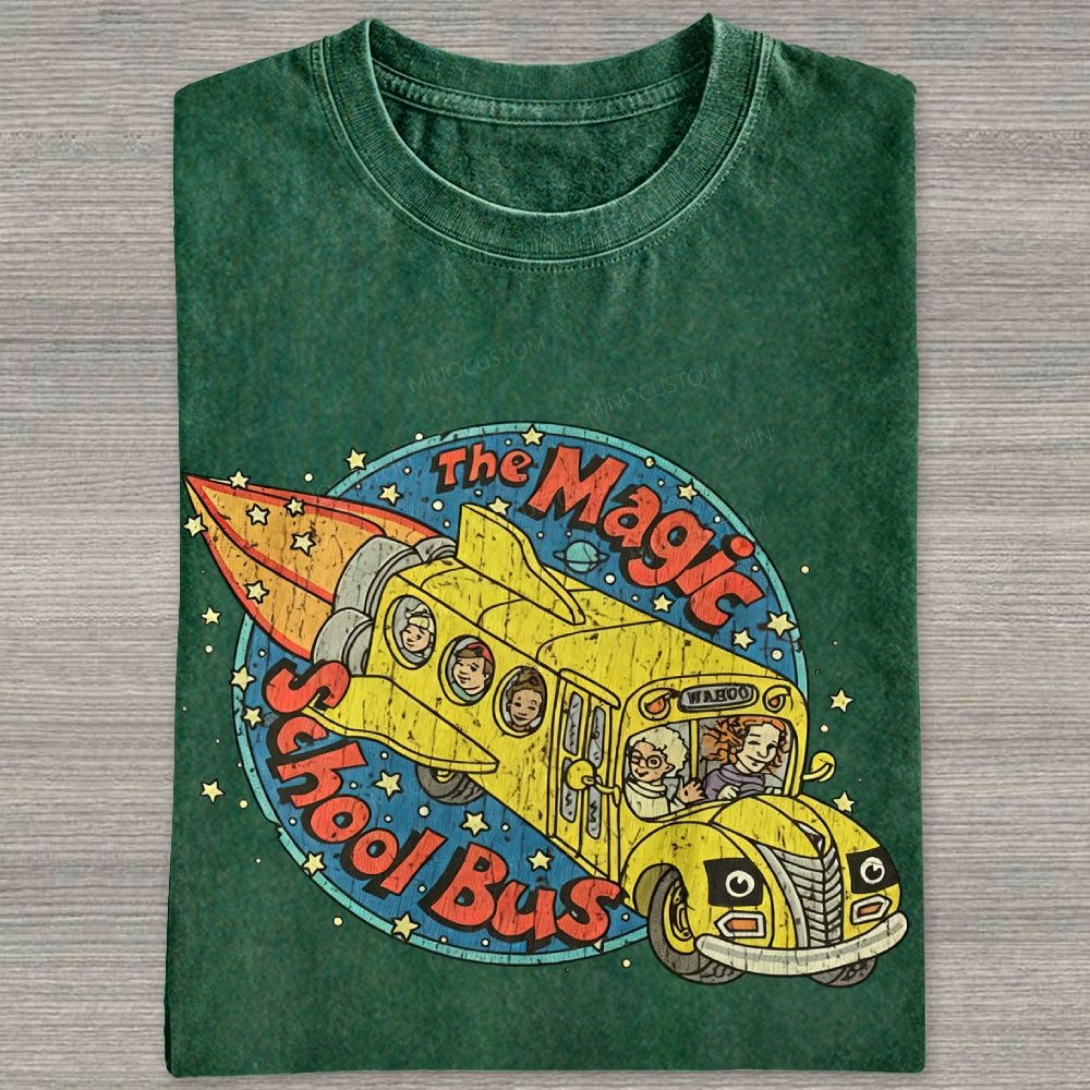 Vintage Retro Space Rocket School Vehicle Graphic Washed T-shirt
