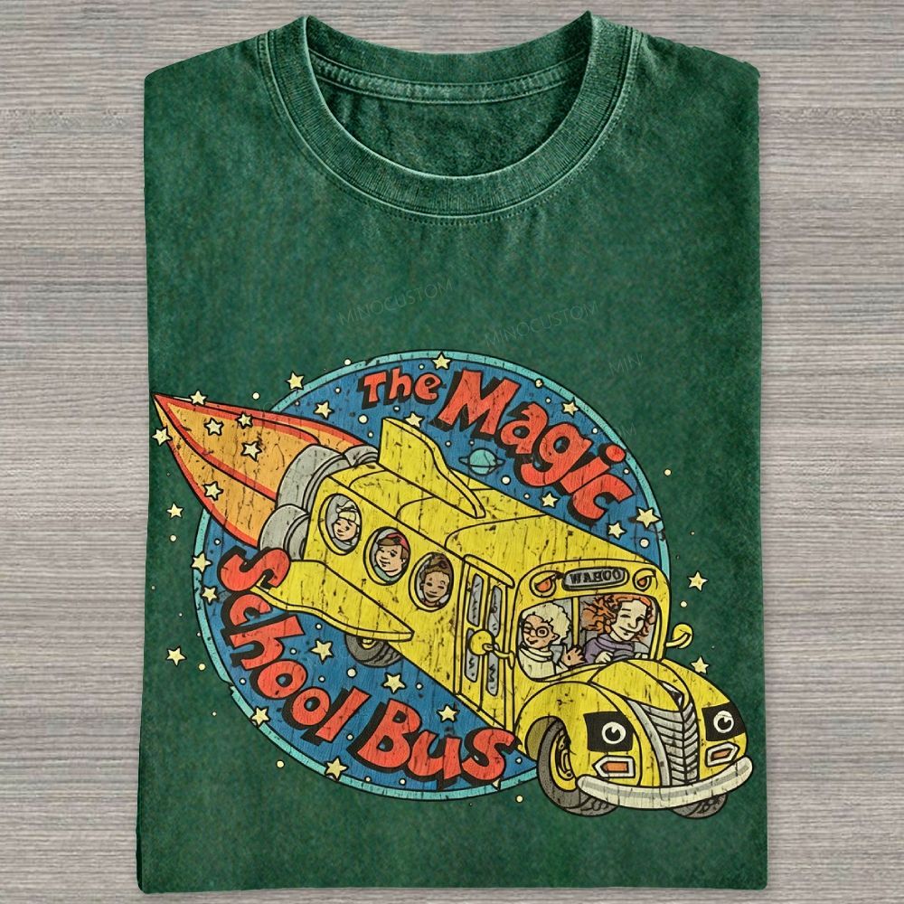 Vintage Retro Space Rocket School Vehicle Graphic Washed T-shirt