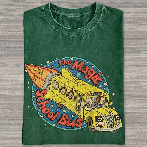Vintage Retro Space Rocket School Vehicle Graphic Washed T-shirt