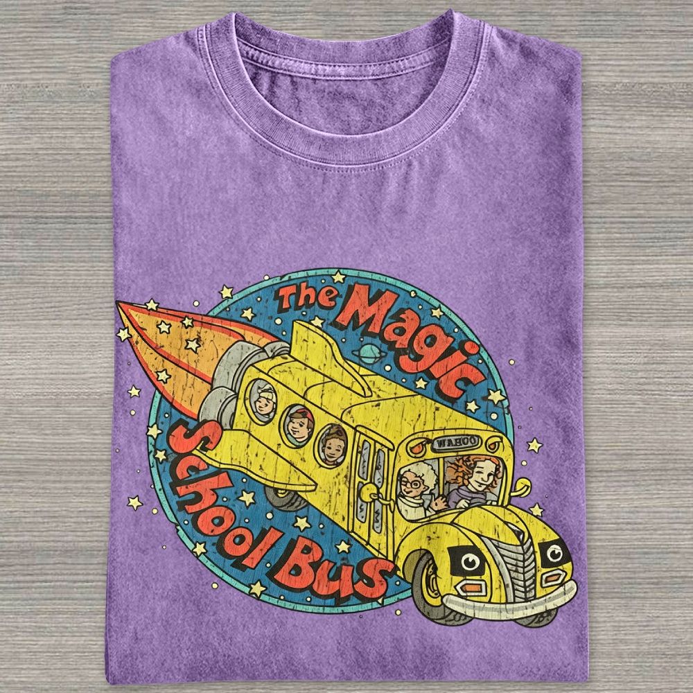 Vintage Retro Space Rocket School Vehicle Graphic Washed T-shirt