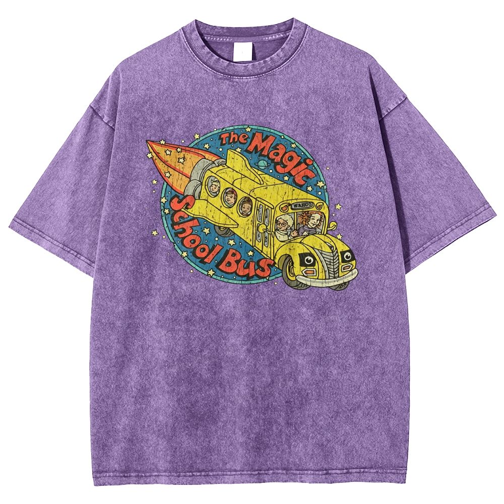 Vintage Retro Space Rocket School Vehicle Graphic Washed T-shirt