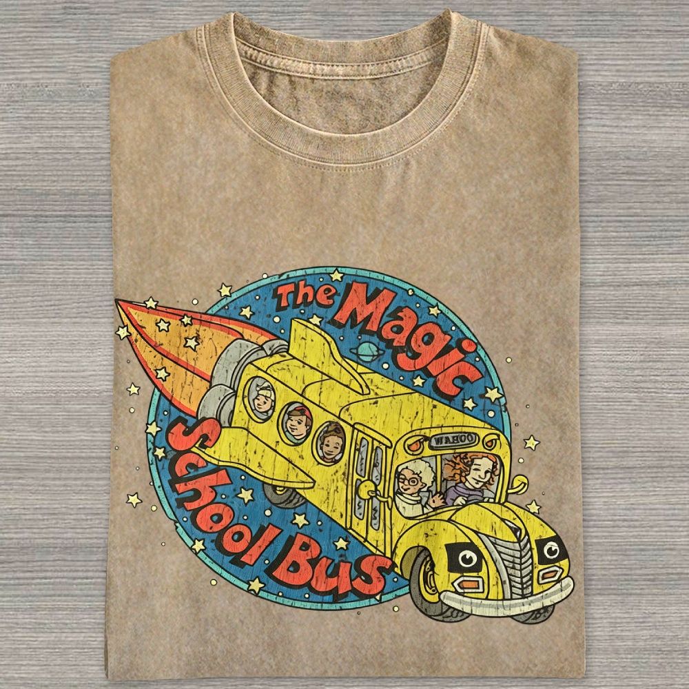 Vintage Retro Space Rocket School Vehicle Graphic Washed T-shirt