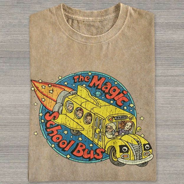 Vintage Retro Space Rocket School Vehicle Graphic Washed T-shirt