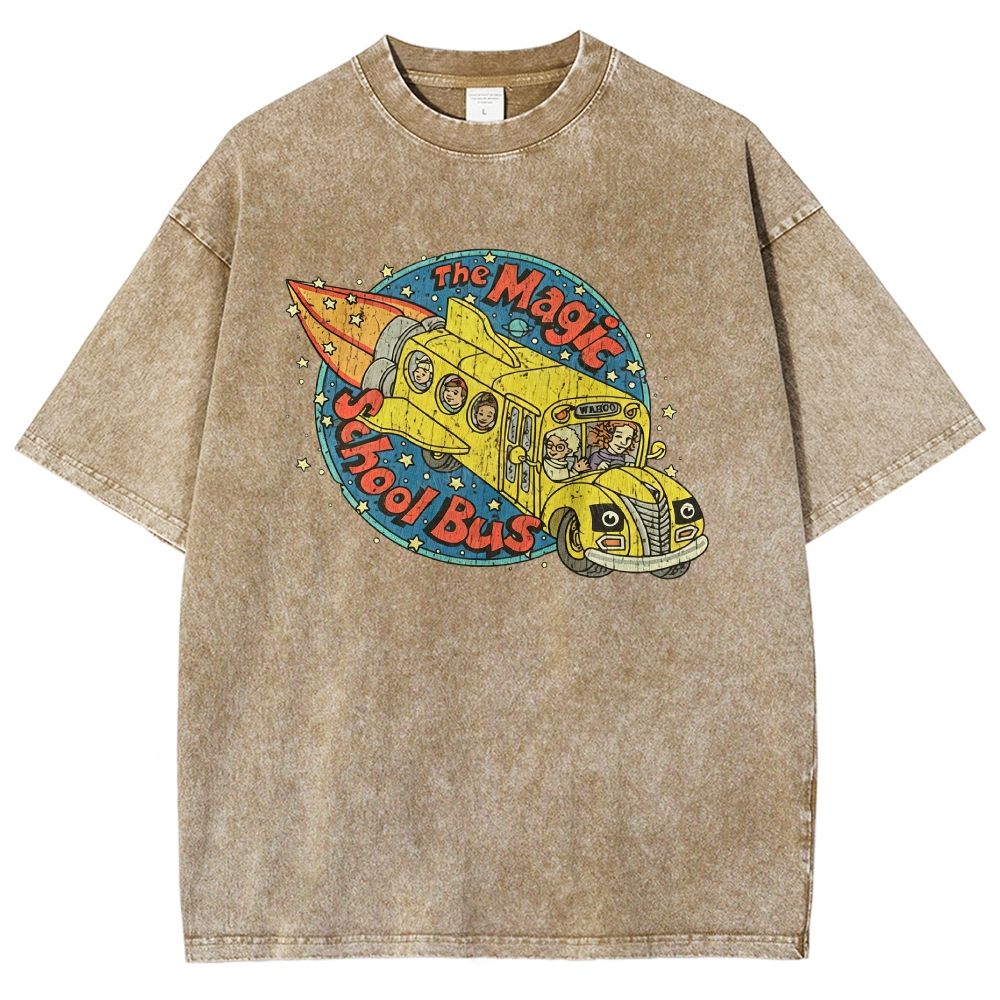 Vintage Retro Space Rocket School Vehicle Graphic Washed T-shirt