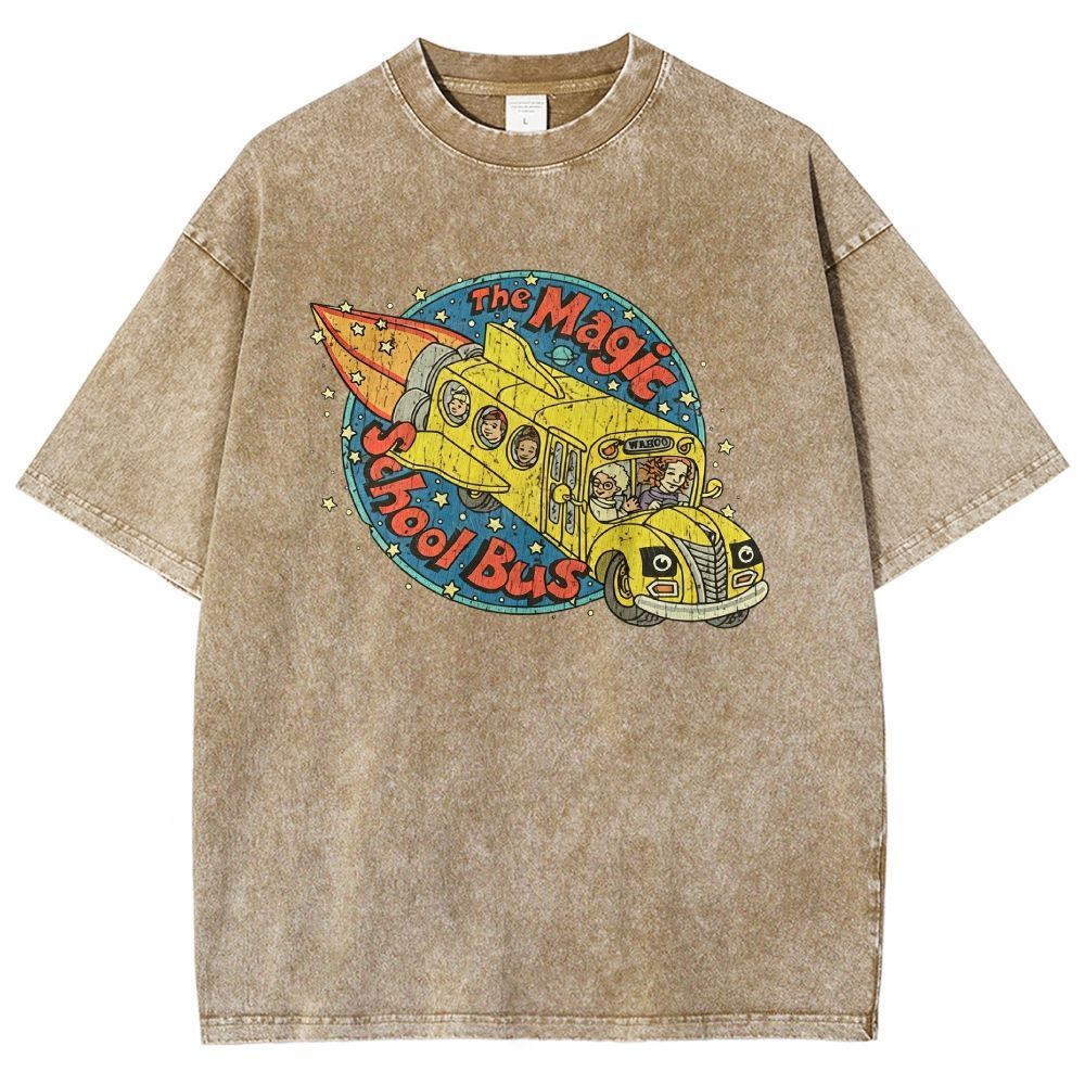 Vintage Retro Space Rocket School Vehicle Graphic Washed T-shirt