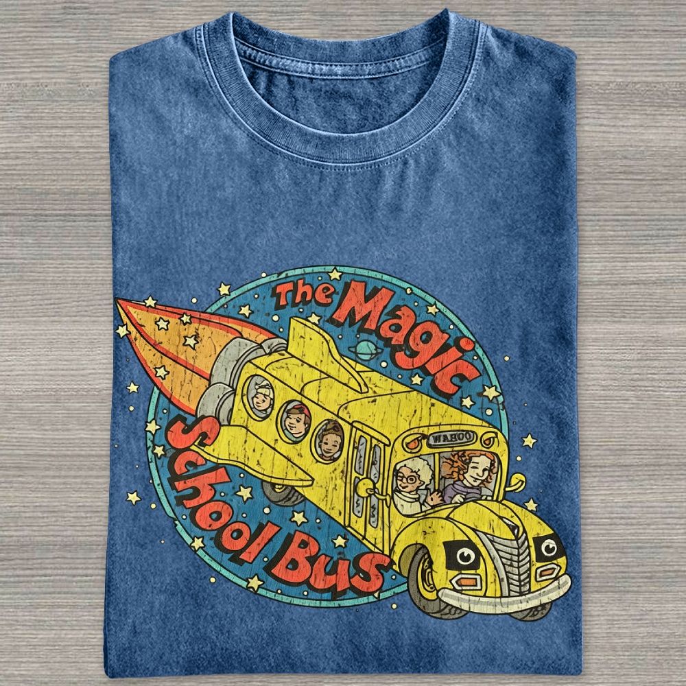 Vintage Retro Space Rocket School Vehicle Graphic Washed T-shirt