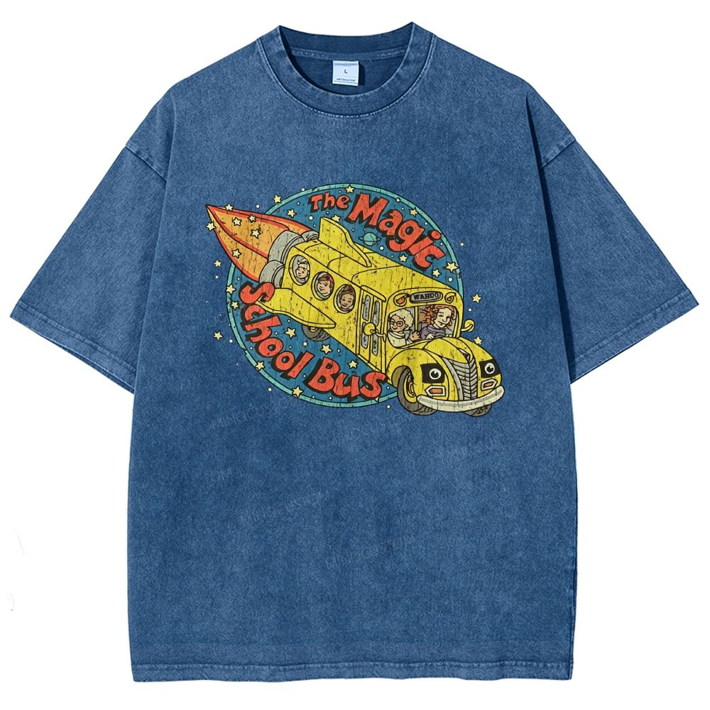 Vintage Retro Space Rocket School Vehicle Graphic Washed T-shirt