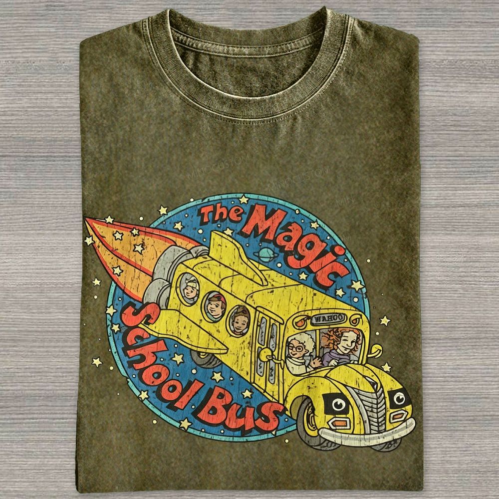 Vintage Retro Space Rocket School Vehicle Graphic Washed T-shirt