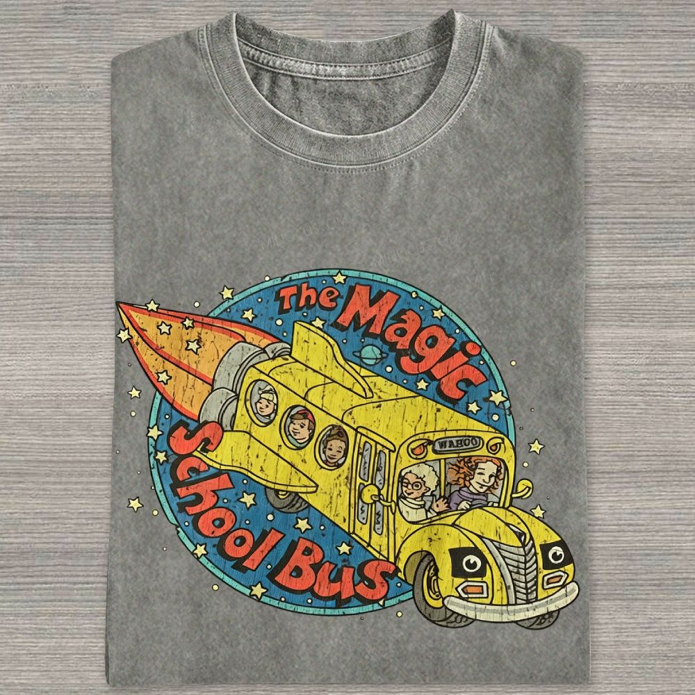 Vintage Retro Space Rocket School Vehicle Graphic Washed T-shirt