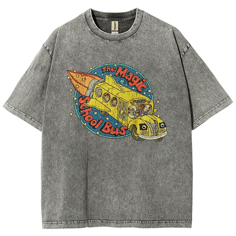 Vintage Retro Space Rocket School Vehicle Graphic Washed T-shirt