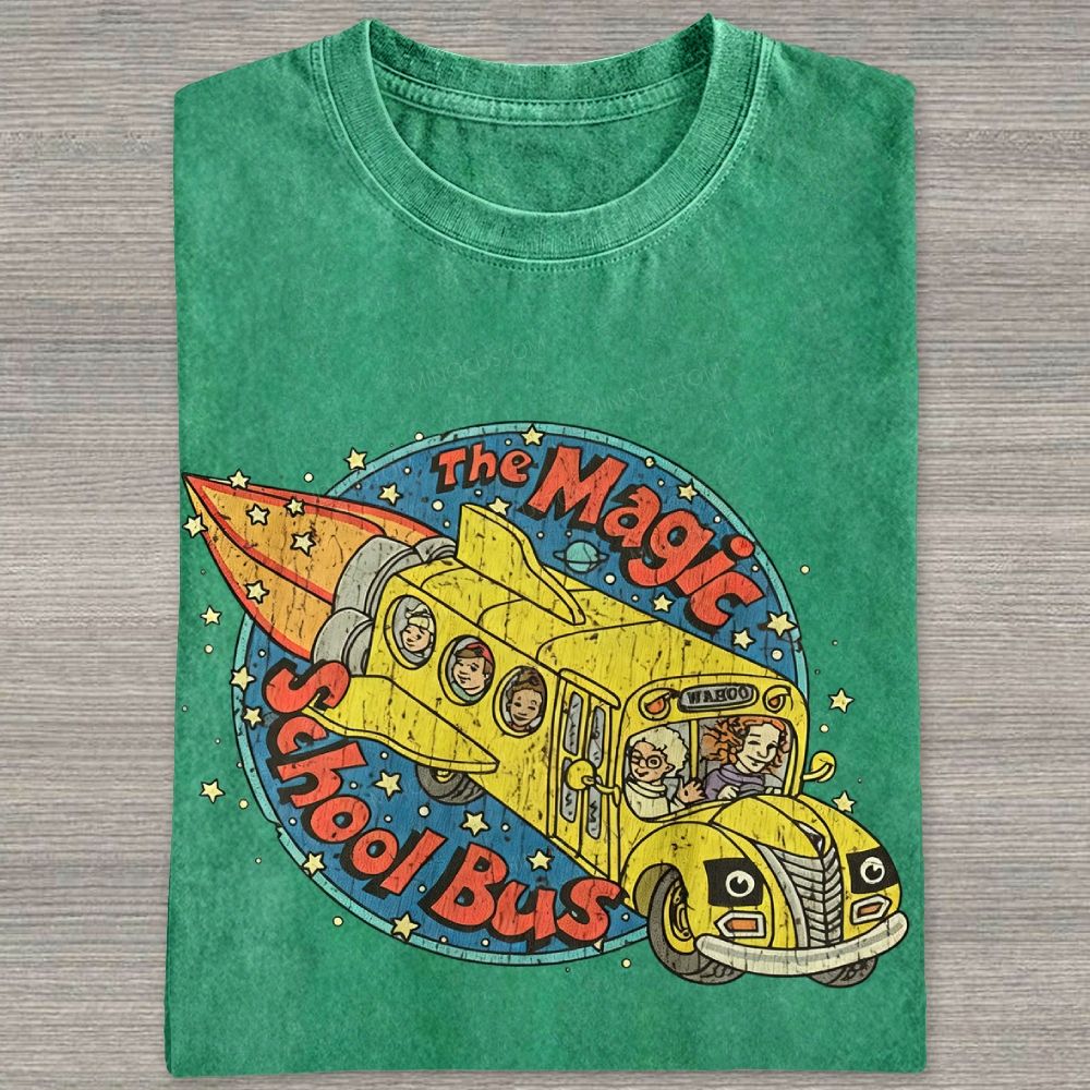 Vintage Retro Space Rocket School Vehicle Graphic Washed T-shirt