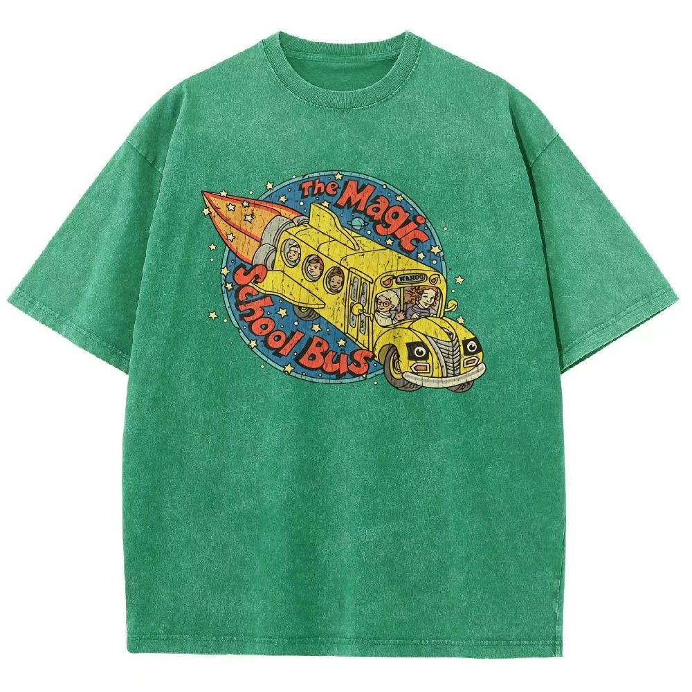 Vintage Retro Space Rocket School Vehicle Graphic Washed T-shirt