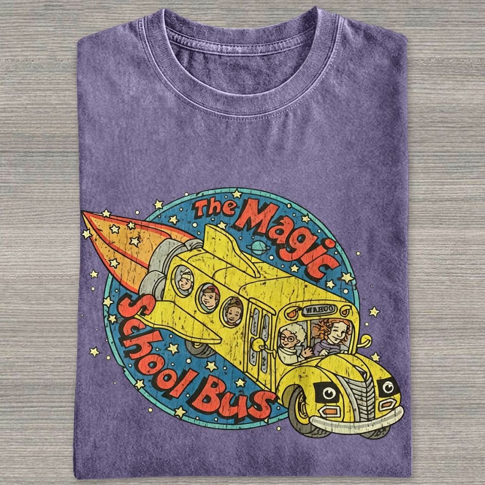 Vintage Retro Space Rocket School Vehicle Graphic Washed T-shirt