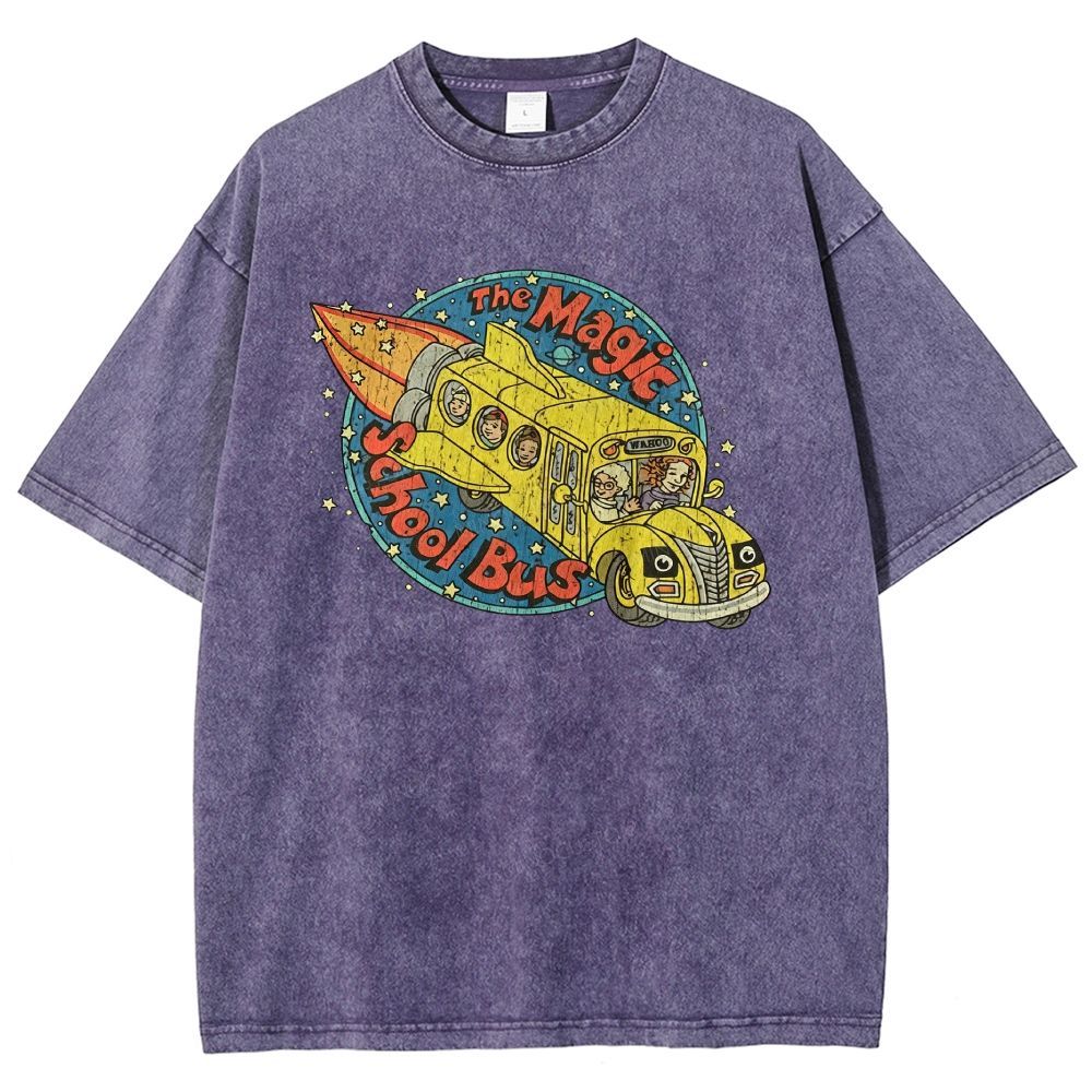 Vintage Retro Space Rocket School Vehicle Graphic Washed T-shirt