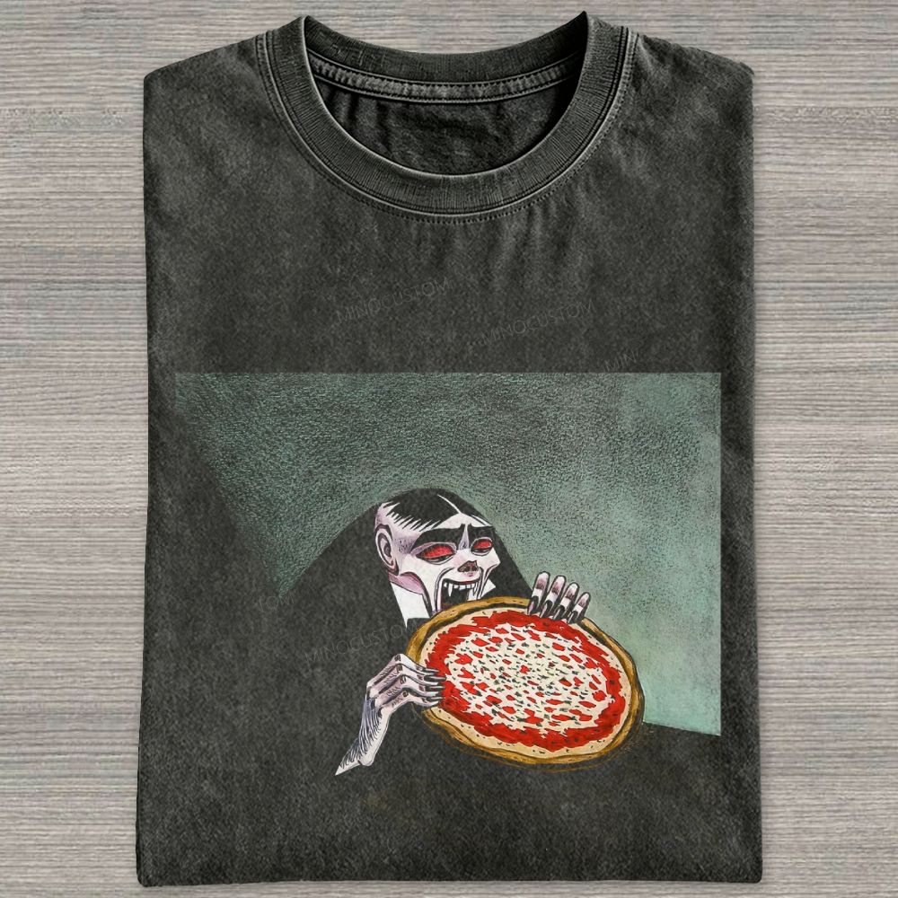 Vintage Retro Gothic Vampire Eating Pizza Graphic Washed T-shirt