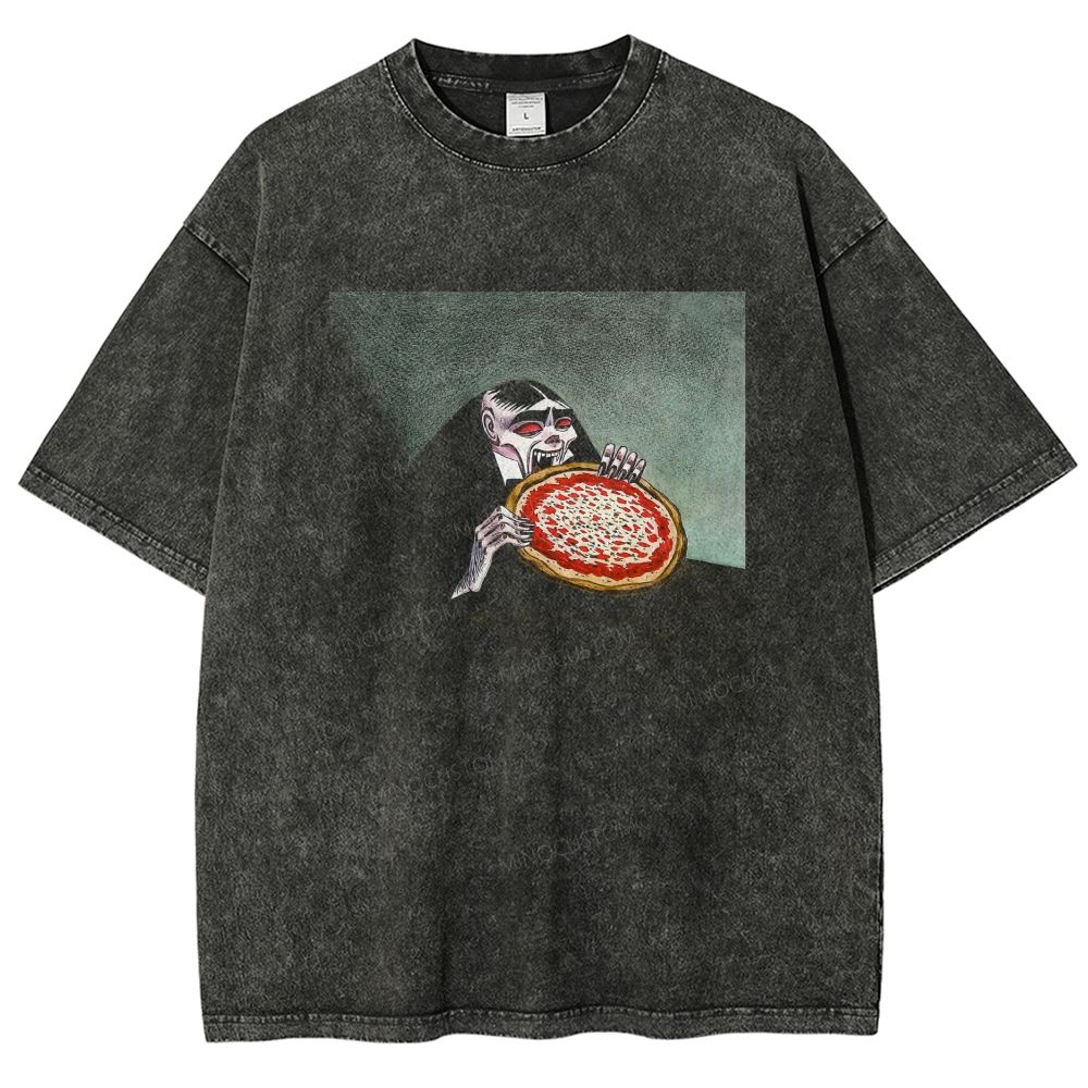 Vintage Retro Gothic Vampire Eating Pizza Graphic Washed T-shirt