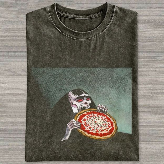 Vintage Retro Gothic Vampire Eating Pizza Graphic Washed T-shirt
