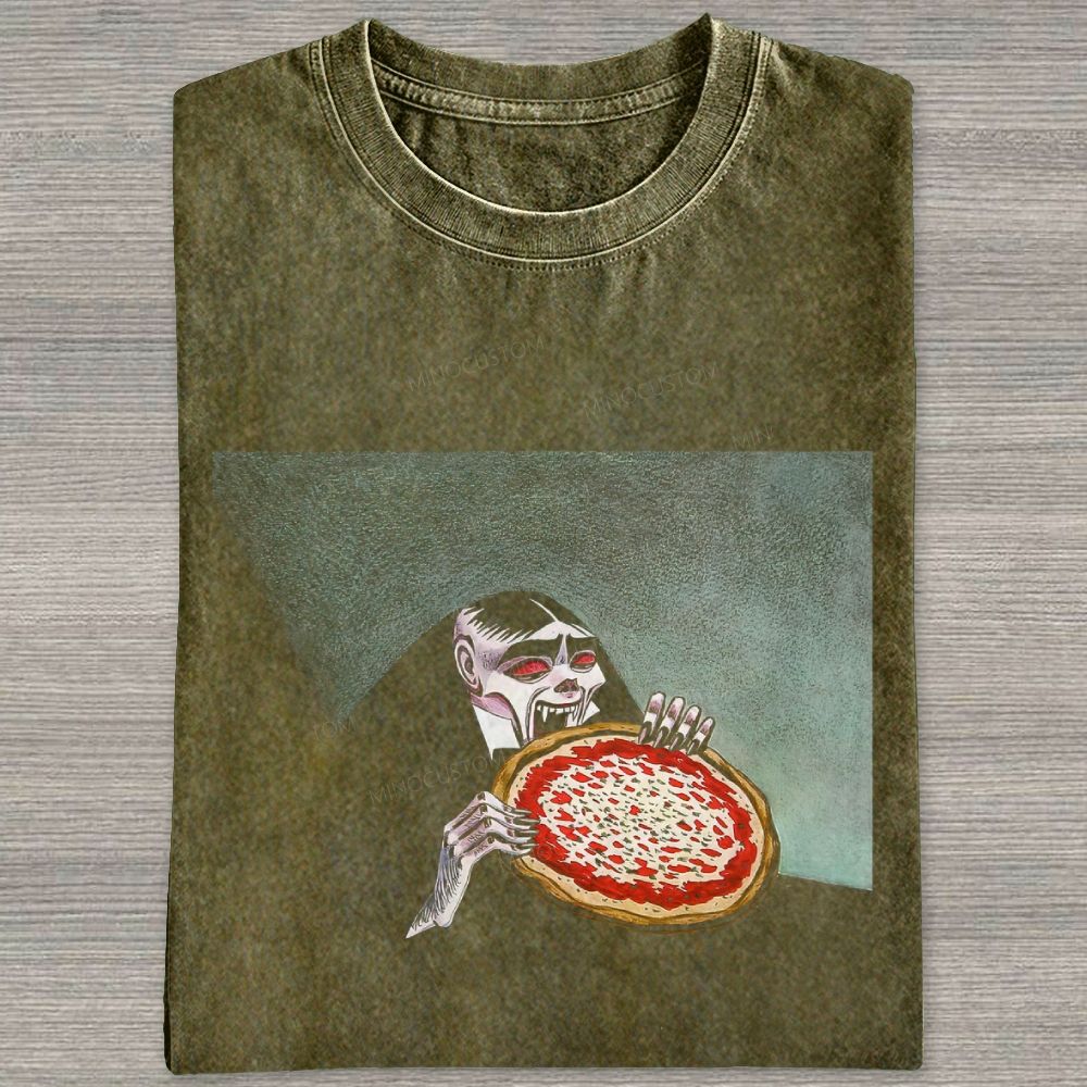 Vintage Retro Gothic Vampire Eating Pizza Graphic Washed T-shirt