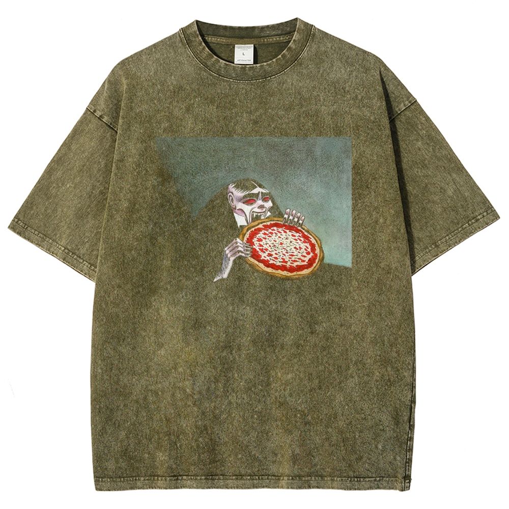 Vintage Retro Gothic Vampire Eating Pizza Graphic Washed T-shirt
