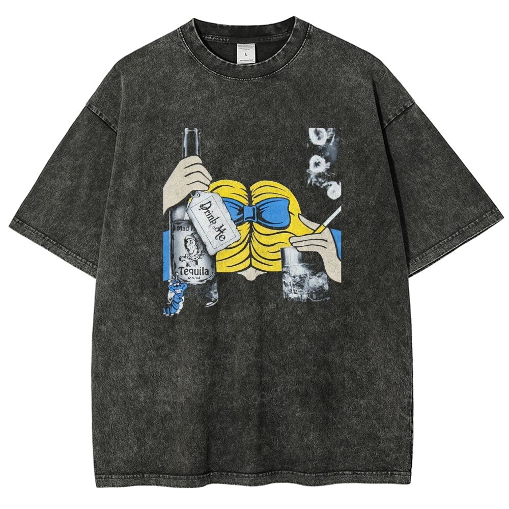Vintage Surreal Boho Drink Cocktail Graphic Washed T-shirt